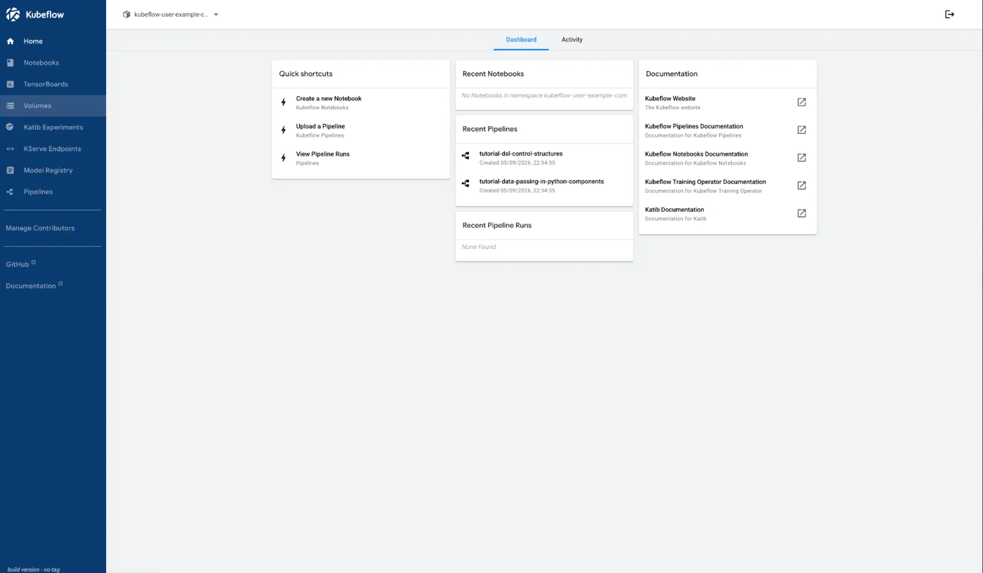 The Kubeflow central dashboard, showing quick shortcuts, recent notebooks and recent pipelines, with Notebooks, Katib Experiments, KServe Endpoints, Model Registry and Pipelines in the left nav.