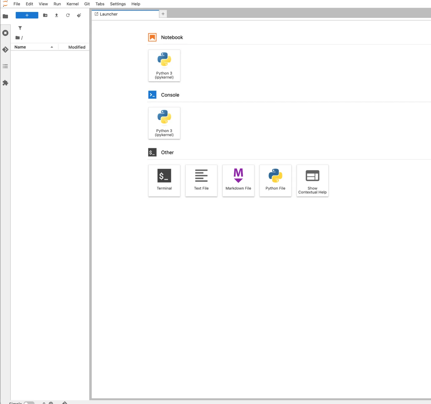 A running JupyterLab instance launched from Kubeflow, showing the launcher with Python 3 notebook and console options plus terminal and file types.