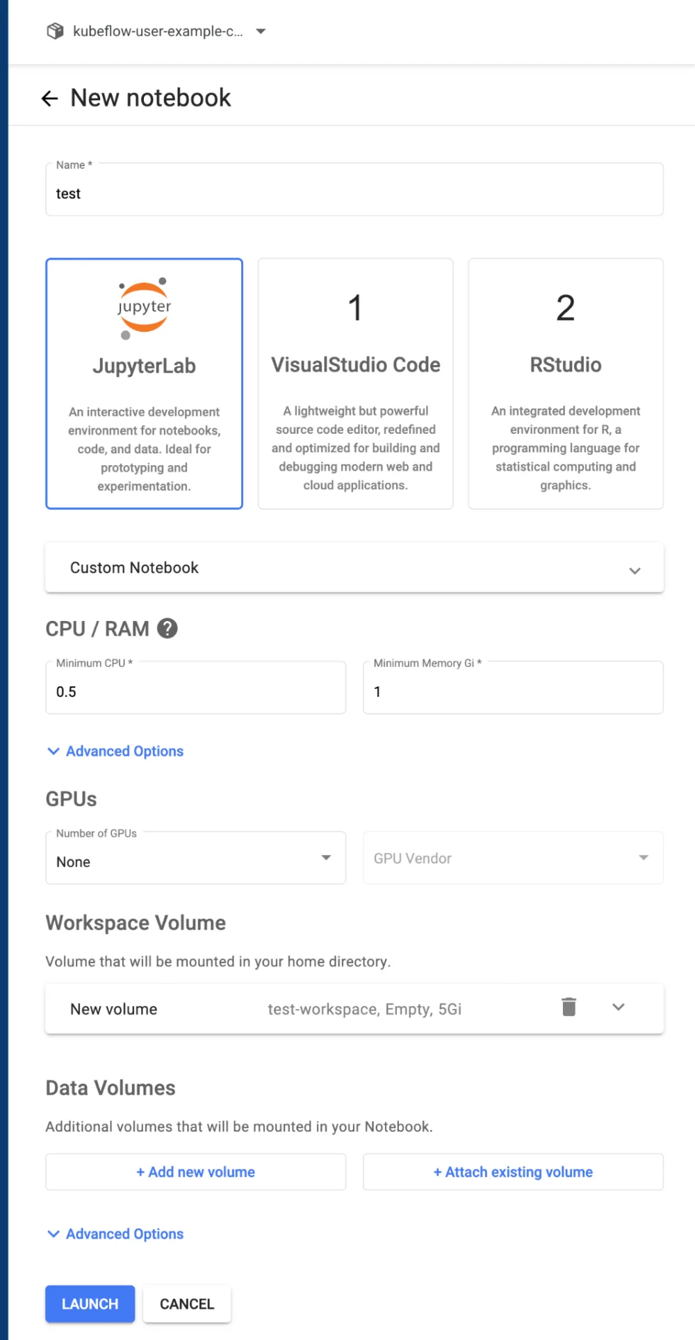 The new notebook form in Kubeflow, offering JupyterLab, VisualStudio Code and RStudio, with fields for minimum CPU, memory, GPUs and workspace volume.